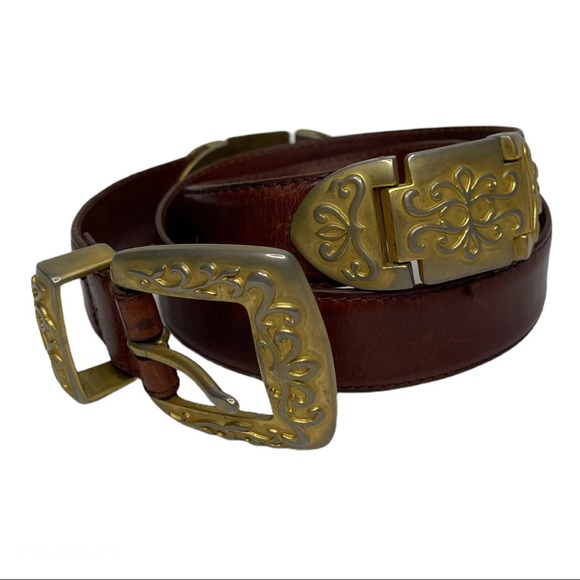 Fossil Brown Metal Hinge Accent Boho Western Belt Size L - Picture 2 of 14